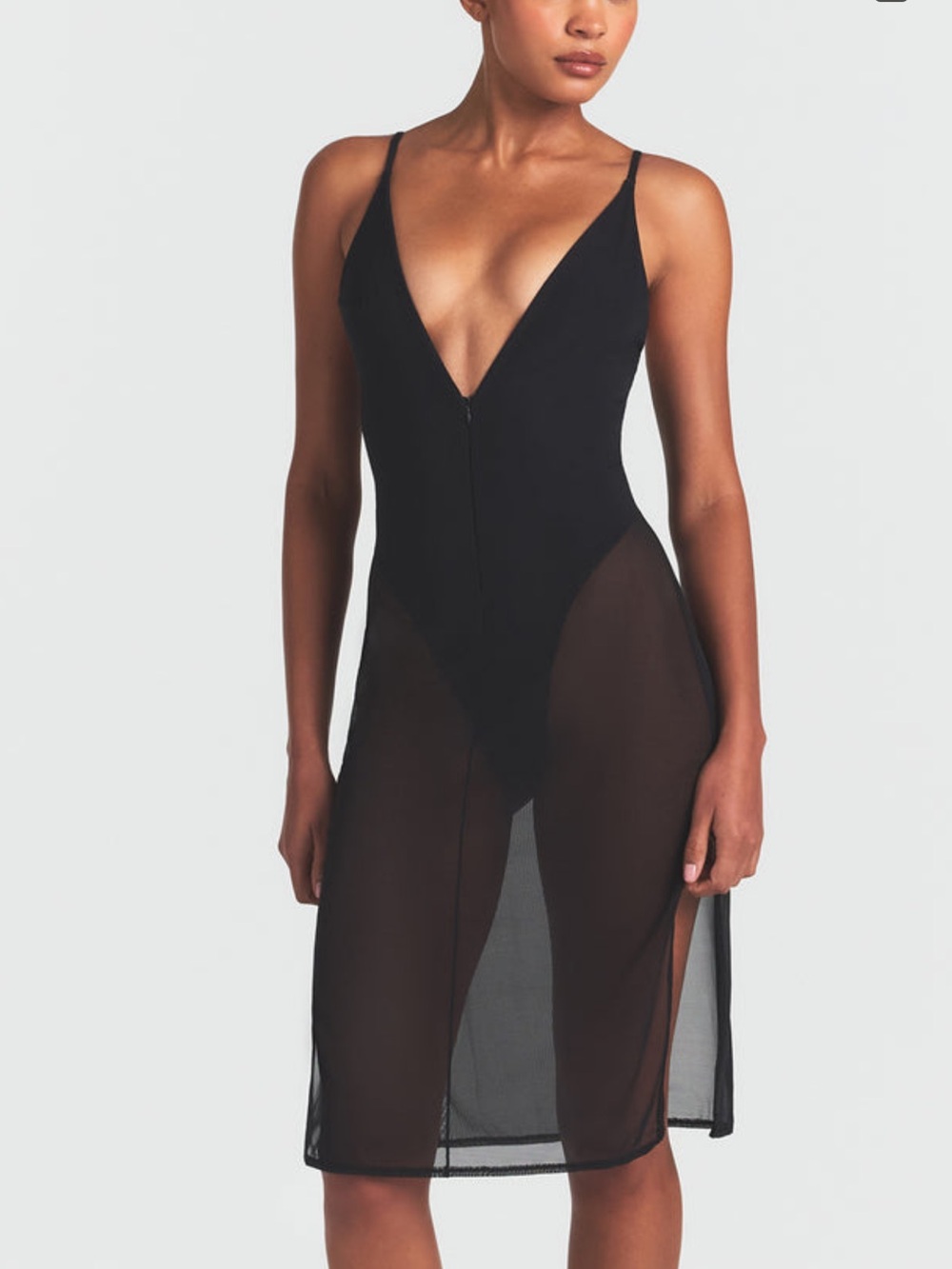 SKIMS Black Sheer Midi Dress with Plunging Neckline